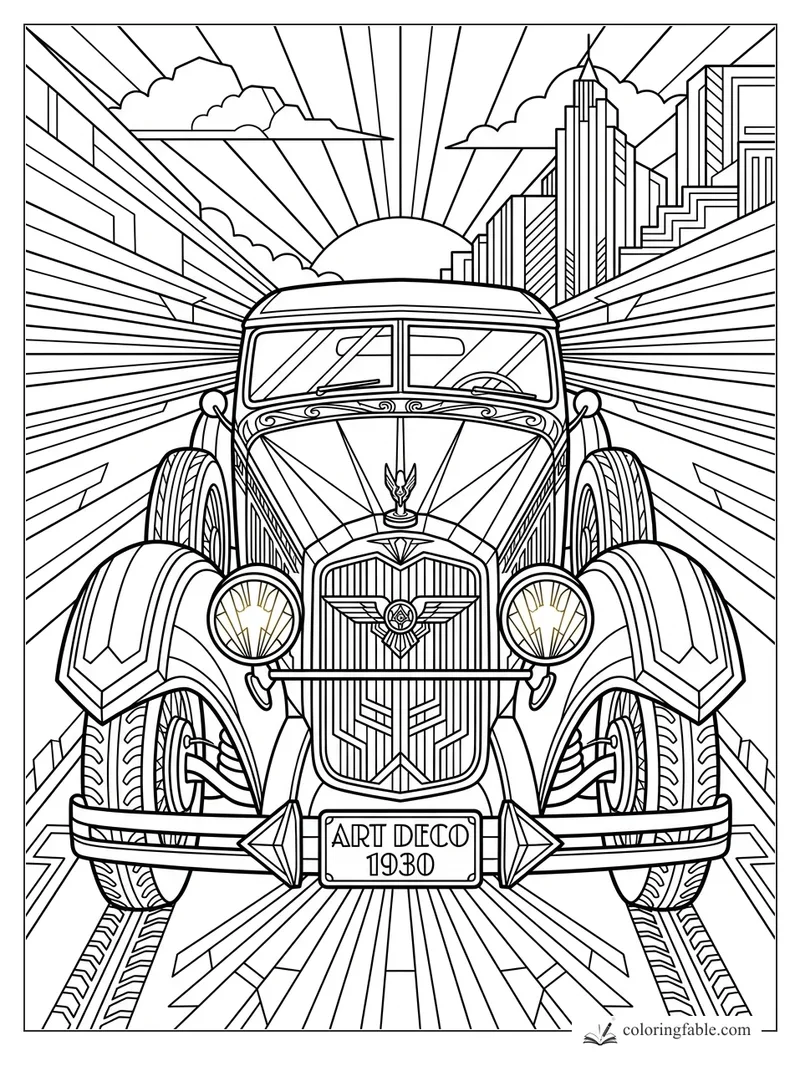 Intricate Art Deco 1930 sport car with shell headlights, city skyline, sun rays, and geometric road lines