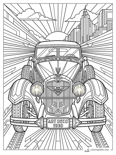 Intricate Art Deco 1930 sport car with shell headlights, city skyline, sun rays, and geometric road lines