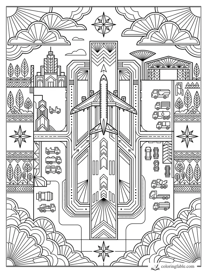 Art deco airplane above a runway with fan clouds, compass stars, hangars, roads, trucks, and airport buildings