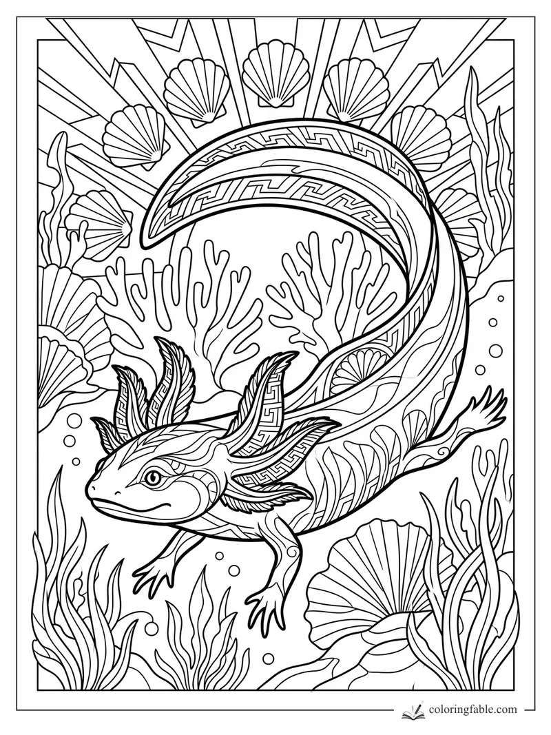 Intricate art deco axolotl swimming under a patterned crescent, shells, coral, seaweed, and bubbles.