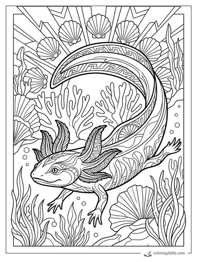 Intricate art deco axolotl swimming under a patterned crescent, shells, coral, seaweed, and bubbles.