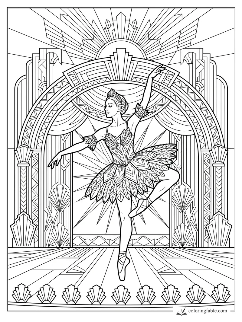 Intricate art deco ballerina posing under a geometric sunburst arch with fan-shaped stage details