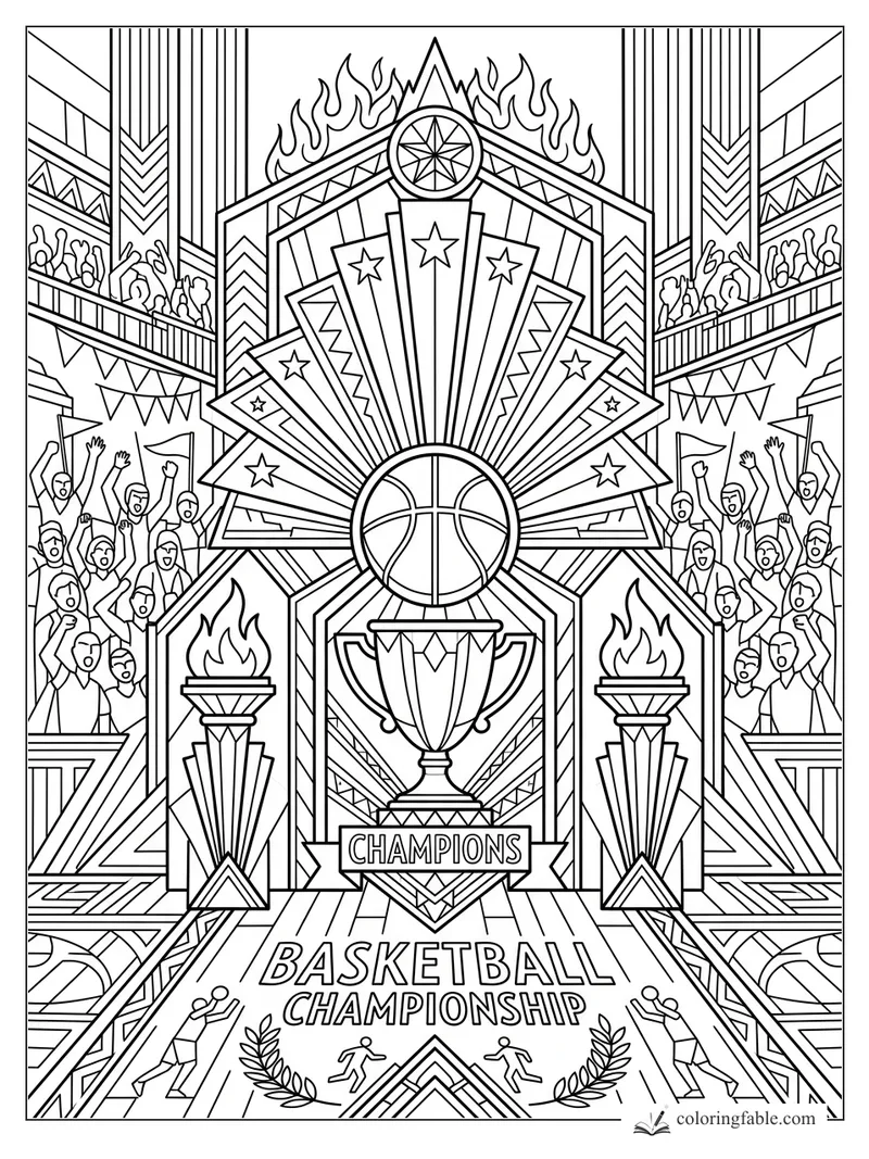 Intricate art deco basketball championship scene with trophy, cheering crowds, flames, stars, and central ball