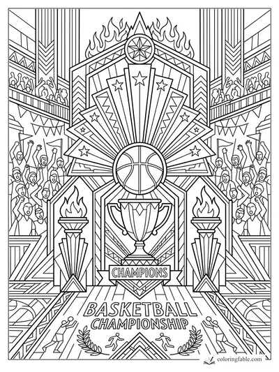 Intricate art deco basketball championship scene with trophy, cheering crowds, flames, stars, and central ball
