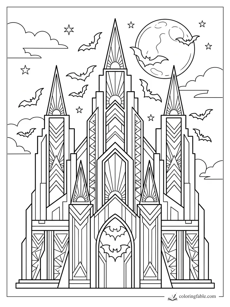 Intricate art deco Halloween castle with bat doorway, pointed towers, full moon, stars, clouds, and flying bats