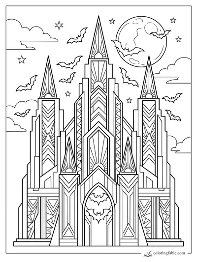 Intricate art deco Halloween castle with bat doorway, pointed towers, full moon, stars, clouds, and flying bats