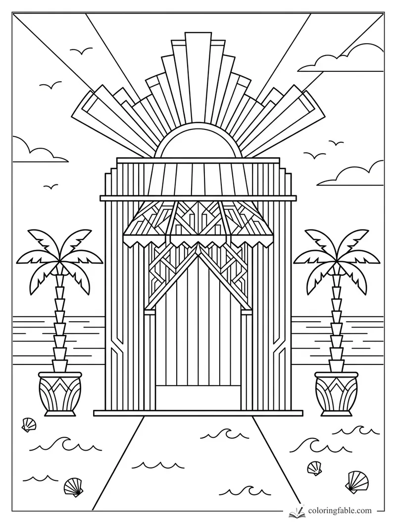 Intricate art deco beach pavilion with sunburst roof, potted palms, waves, shells, clouds, and gulls.