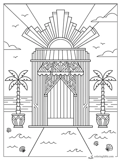 Intricate art deco beach pavilion with sunburst roof, potted palms, waves, shells, clouds, and gulls.