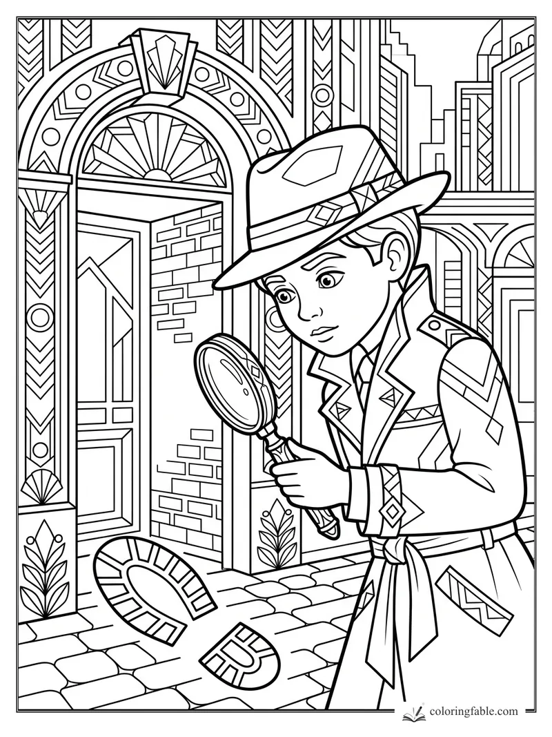 Art deco boy detective studies horseshoe shapes outside a patterned city doorway.