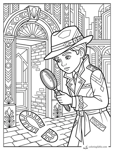 Art deco boy detective studies horseshoe shapes outside a patterned city doorway.