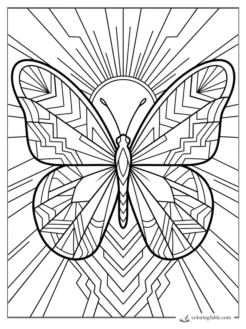 Intricate art deco butterfly with geometric wings before a radiating sunrise