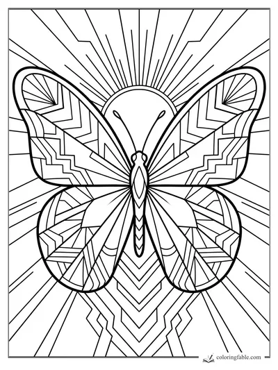 Intricate art deco butterfly with geometric wings before a radiating sunrise