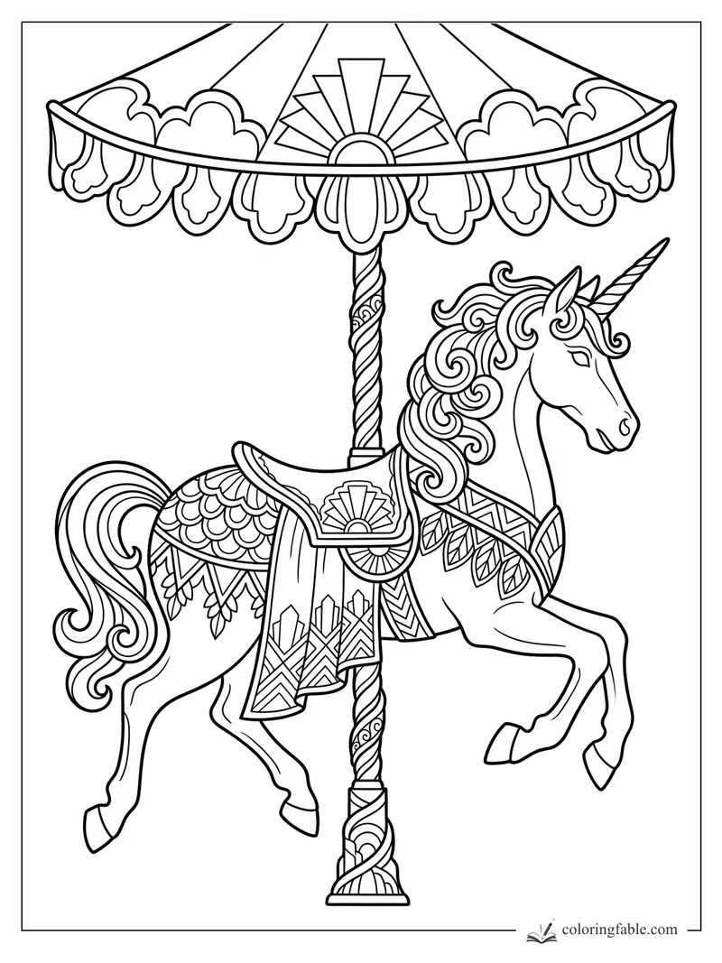 Art deco carousel unicorn with curled mane, raised foreleg, patterned saddle, twisted pole, and sunburst canopy