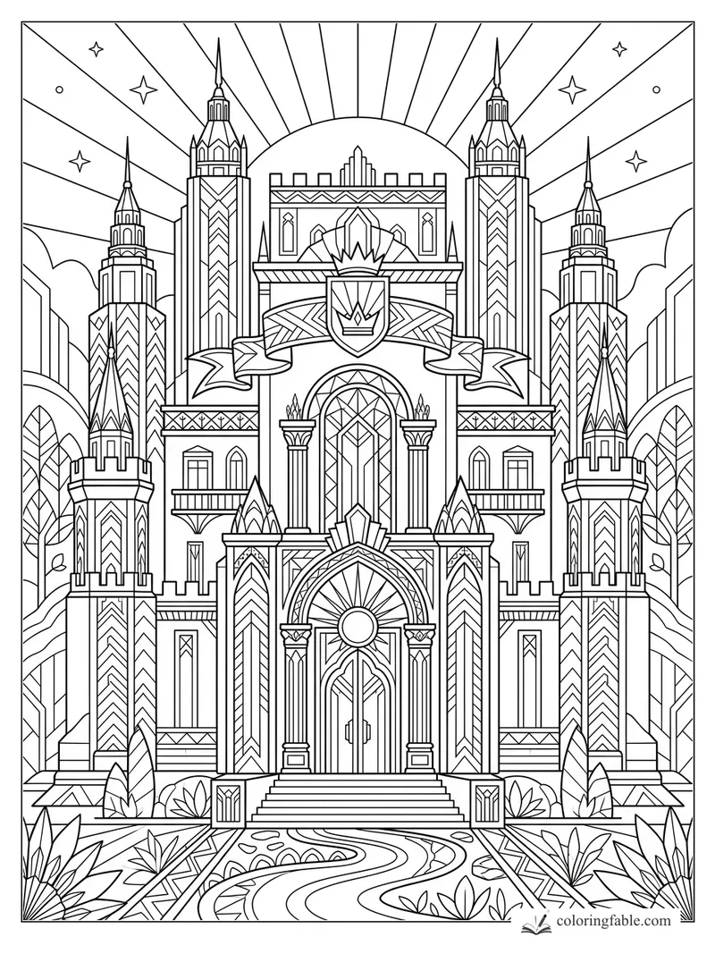 Intricate art deco castle with tall patterned towers, crown crest, ribbon banner, stars, and a sunburst gate