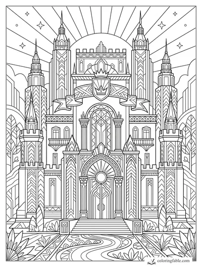 Intricate art deco castle with tall patterned towers, crown crest, ribbon banner, stars, and a sunburst gate