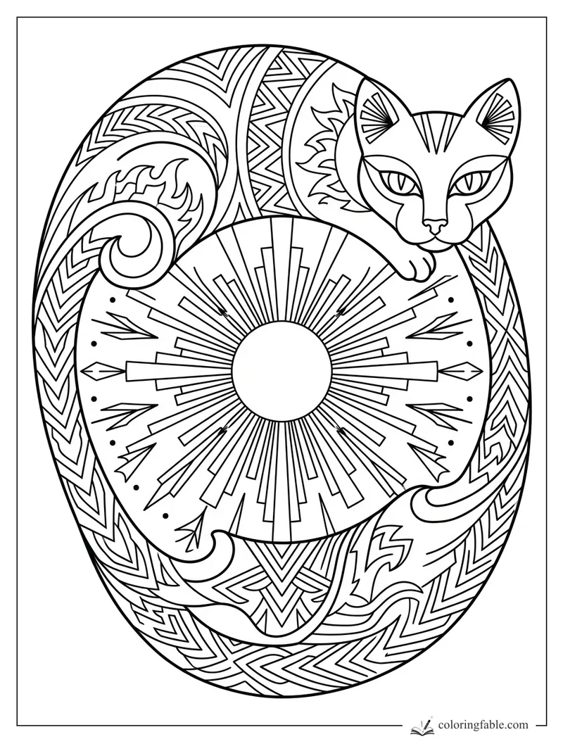Intricate art deco cat curled around a sunburst medallion with chevrons, flame motifs, and fan-shaped ears