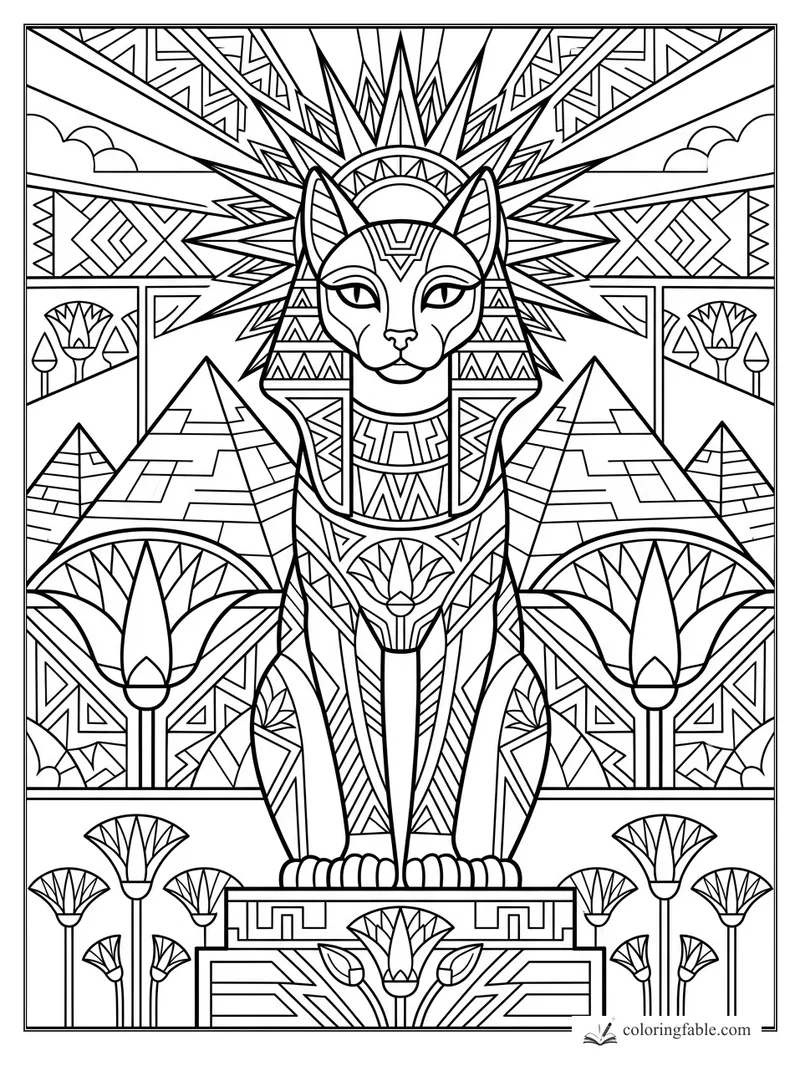 Intricate art deco cat guardian with sunburst halo, pyramids, lotus fans, and geometric Egyptian patterns.