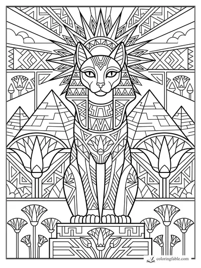 Intricate art deco cat guardian with sunburst halo, pyramids, lotus fans, and geometric Egyptian patterns.