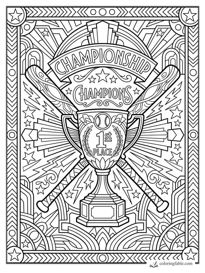 Art deco baseball championship trophy with crossed bats, stars, lightning bolts, and 1st place text