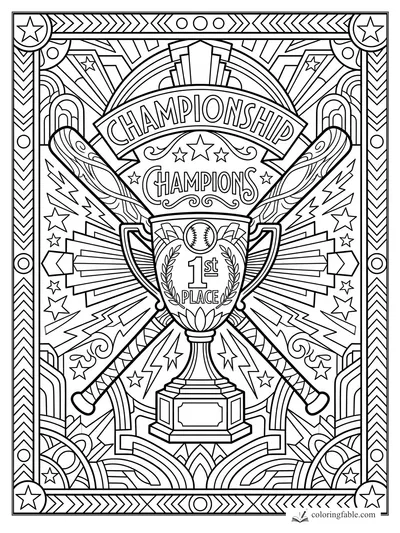 Art deco baseball championship trophy with crossed bats, stars, lightning bolts, and 1st place text