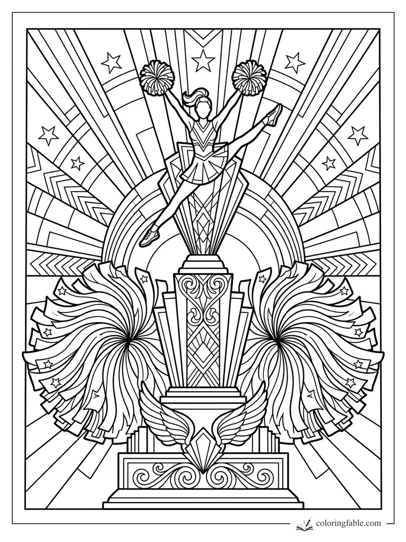Art deco cheerleader with pom-poms atop a trophy, surrounded by stars, rays, and giant pom-poms.