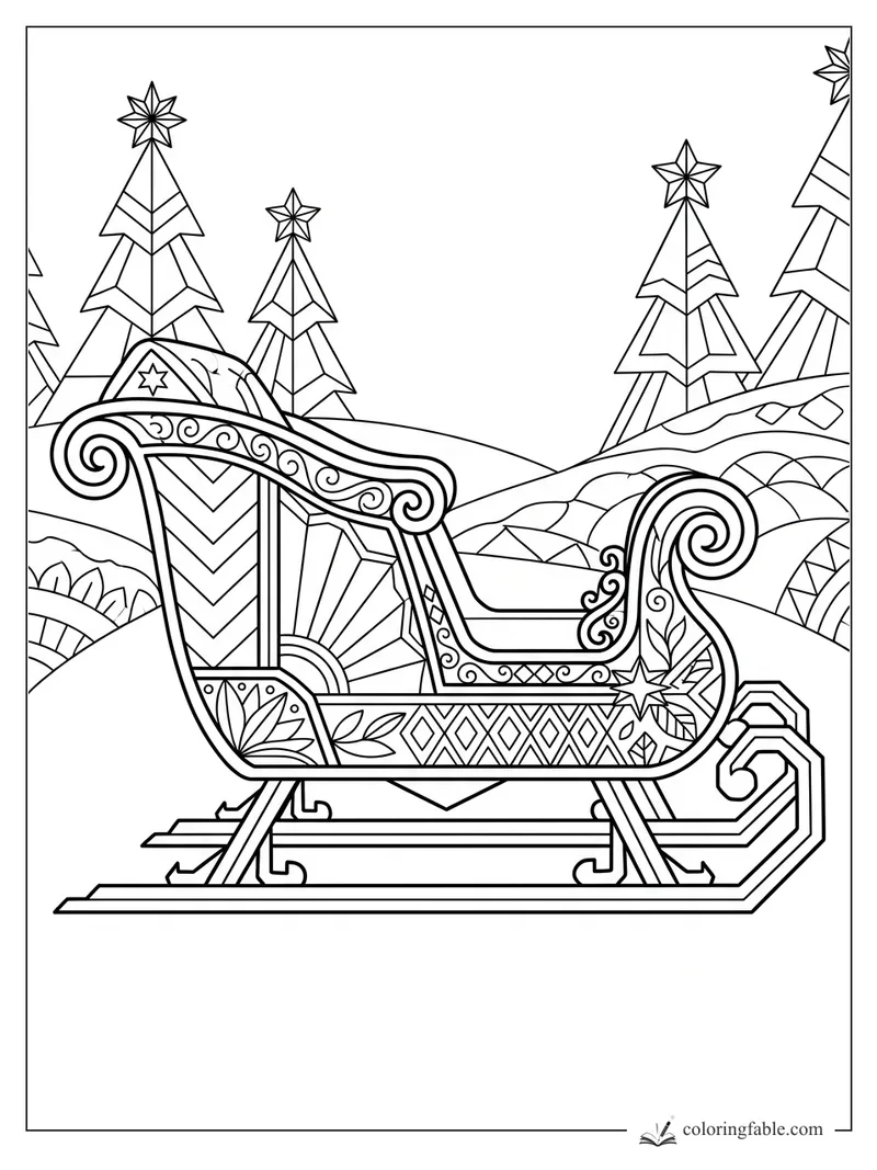 Intricate art deco Christmas sleigh with scroll runners, geometric pine trees, stars, and snowy hills