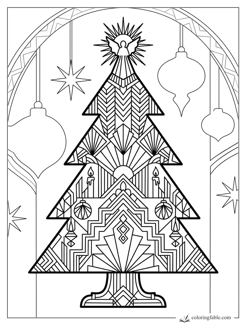 Intricate Art Deco Christmas tree with chevrons, fan shapes, candles, ornaments, and an angel topper.