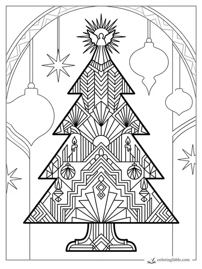 Intricate Art Deco Christmas tree with chevrons, fan shapes, candles, ornaments, and an angel topper.