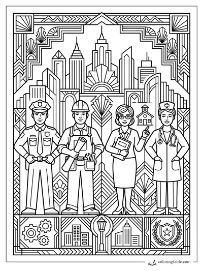 Art deco coloring page of police officer, builder, teacher, and doctor before a patterned city skyline