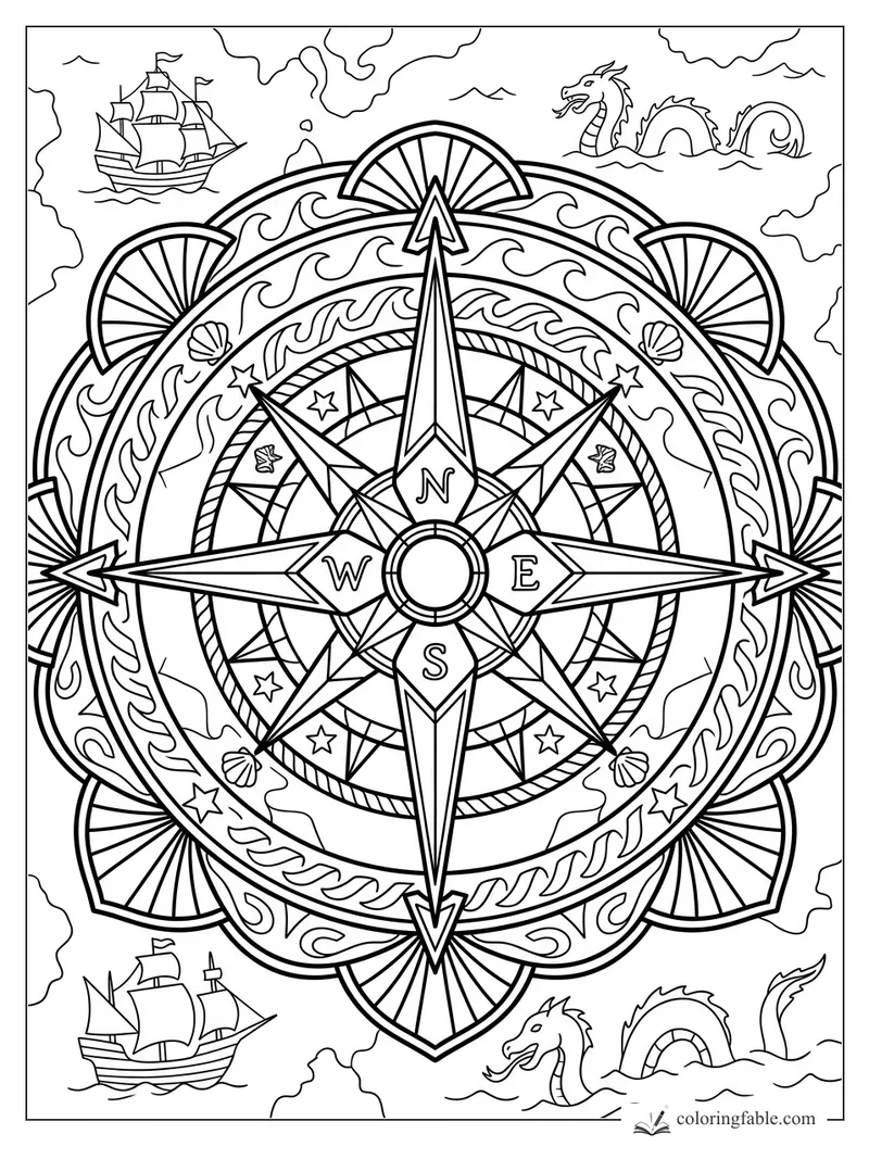 Art deco compass mandala with N, E, S, W points, sailing ships, sea dragons, shells, stars, and waves.