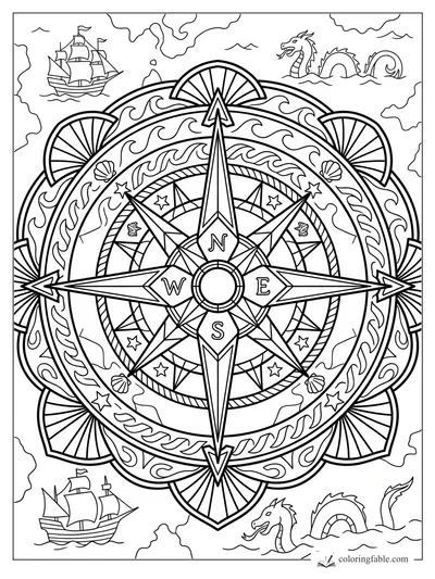 Art deco compass mandala with N, E, S, W points, sailing ships, sea dragons, shells, stars, and waves.