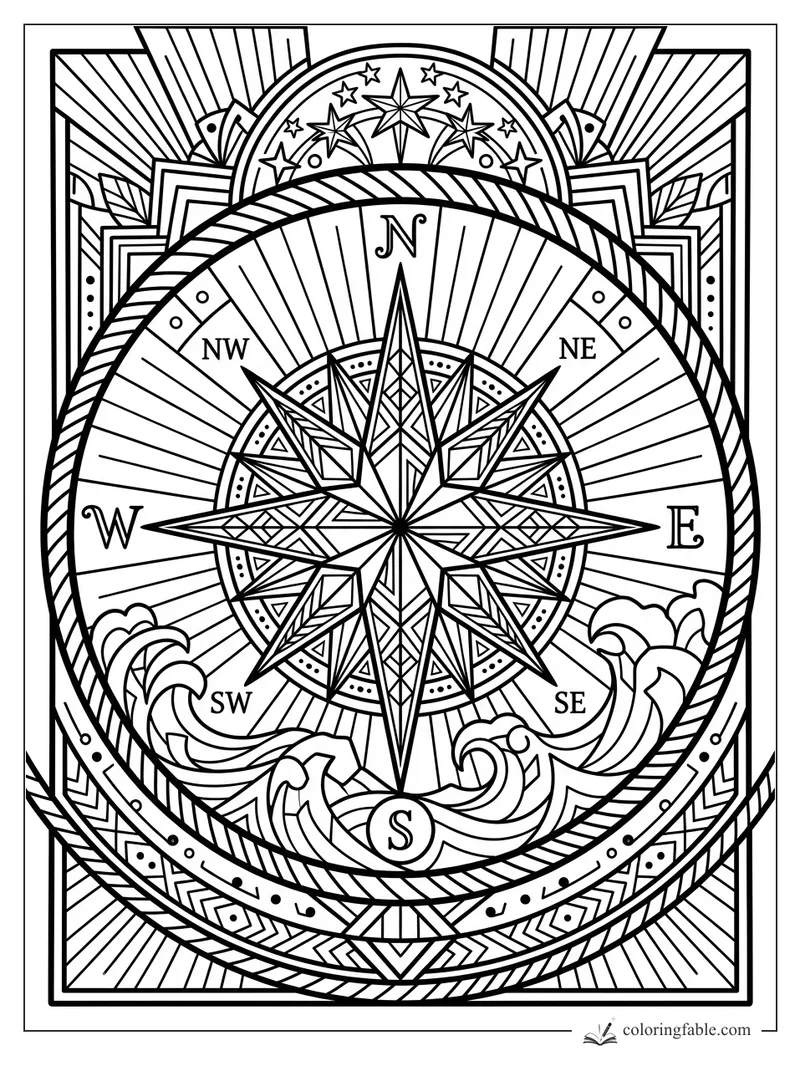 Art deco compass rose coloring page with waves, stars, direction letters, and geometric border