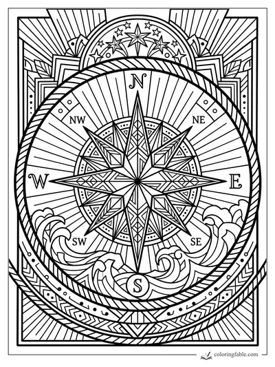 Art deco compass rose coloring page with waves, stars, direction letters, and geometric border