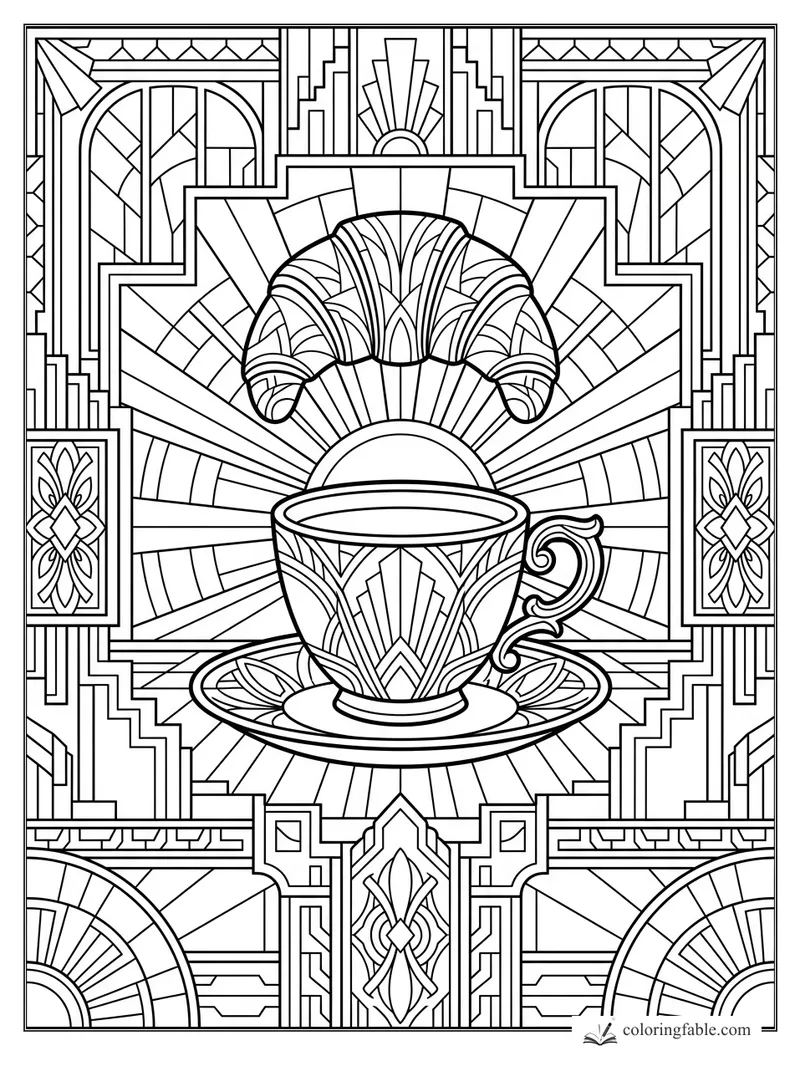Intricate art deco coloring page with a croissant floating above an ornate teacup and sunburst patterns