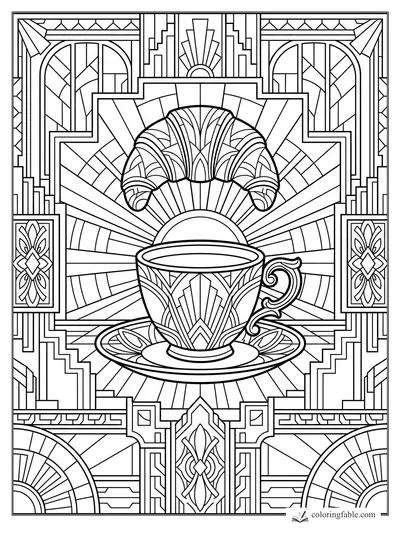 Intricate art deco coloring page with a croissant floating above an ornate teacup and sunburst patterns