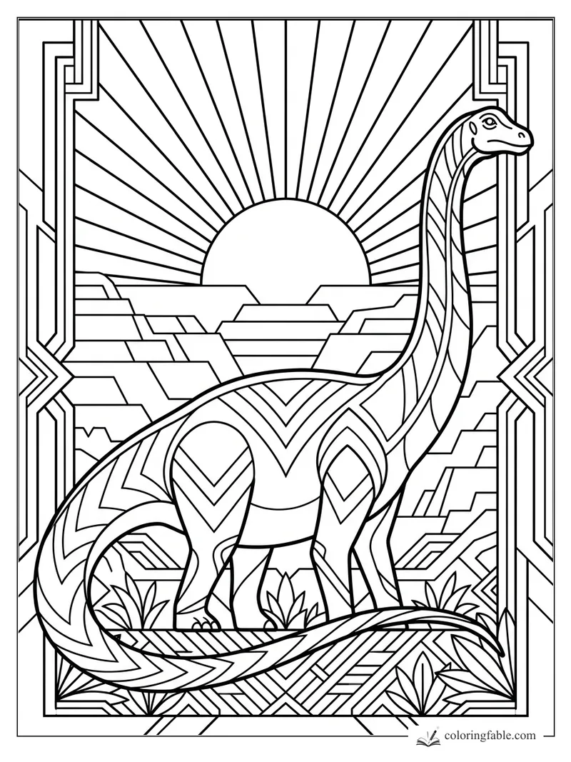 Intricate art deco diplodocus with patterned body before a radiant sunrise and geometric border.