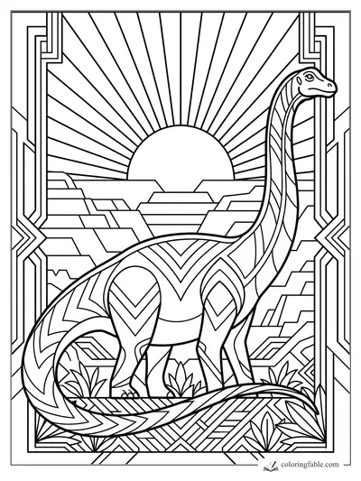 Intricate art deco diplodocus with patterned body before a radiant sunrise and geometric border.