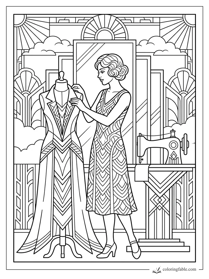 Art Deco dressmaker fitting a geometric gown on a mannequin beside a vintage sewing machine.