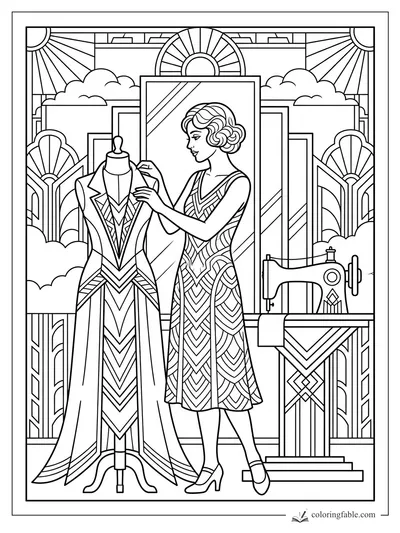 Art Deco dressmaker fitting a geometric gown on a mannequin beside a vintage sewing machine.