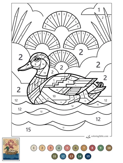 Art Deco Duck Among Fan-Shaped Reeds — color by number
