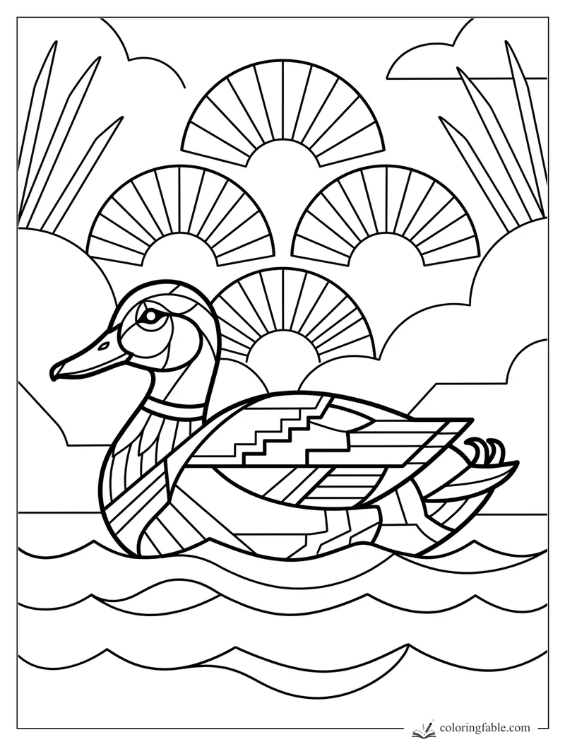 Art deco duck with patterned wings, fan-shaped reeds, clouds, and layered water waves