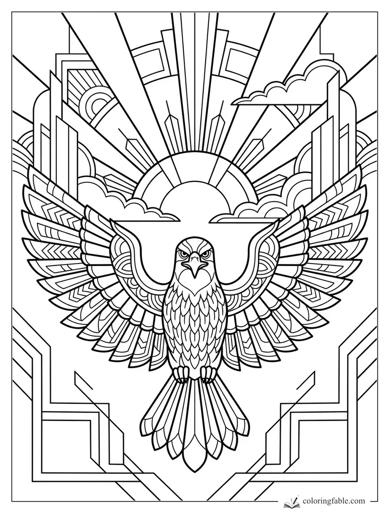 Intricate art deco eagle with spread wings, sunrise rays, clouds, and geometric city towers