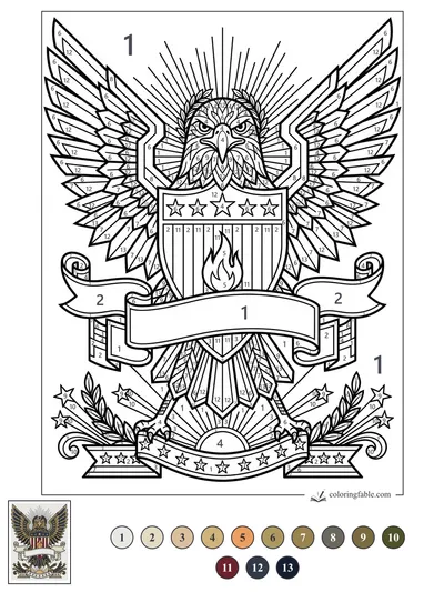 Art Deco Eagle with Shield and July Flame — color by number