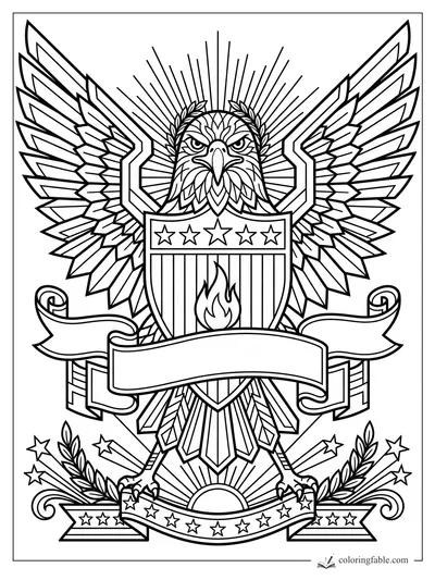 Intricate art deco eagle with spread wings, five-star shield, flame, ribbons, laurels, and sunburst rays.