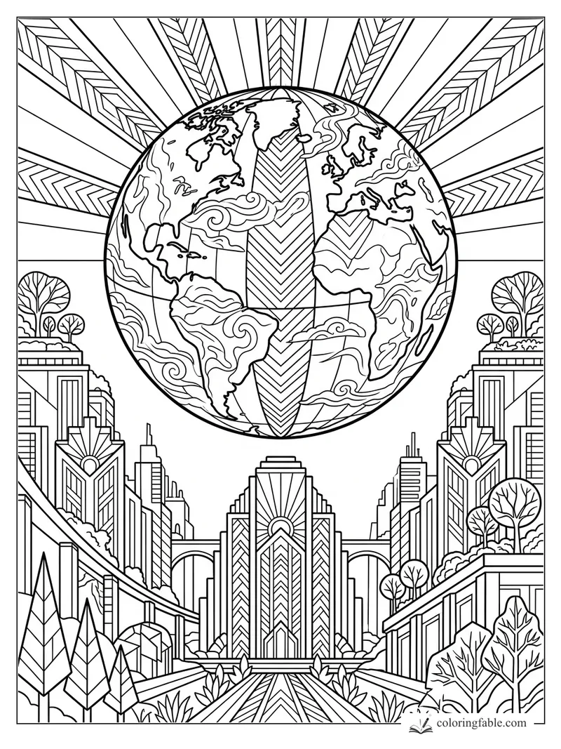 Intricate art deco Earth over a symmetrical city with sunburst rays, trees, clouds, and geometric towers.