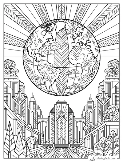 Intricate art deco Earth over a symmetrical city with sunburst rays, trees, clouds, and geometric towers.