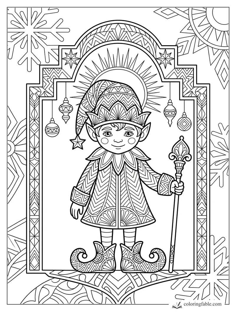 Intricate art deco elf holding a staff beneath a sunburst arch, ornaments, stars, and snowflakes.
