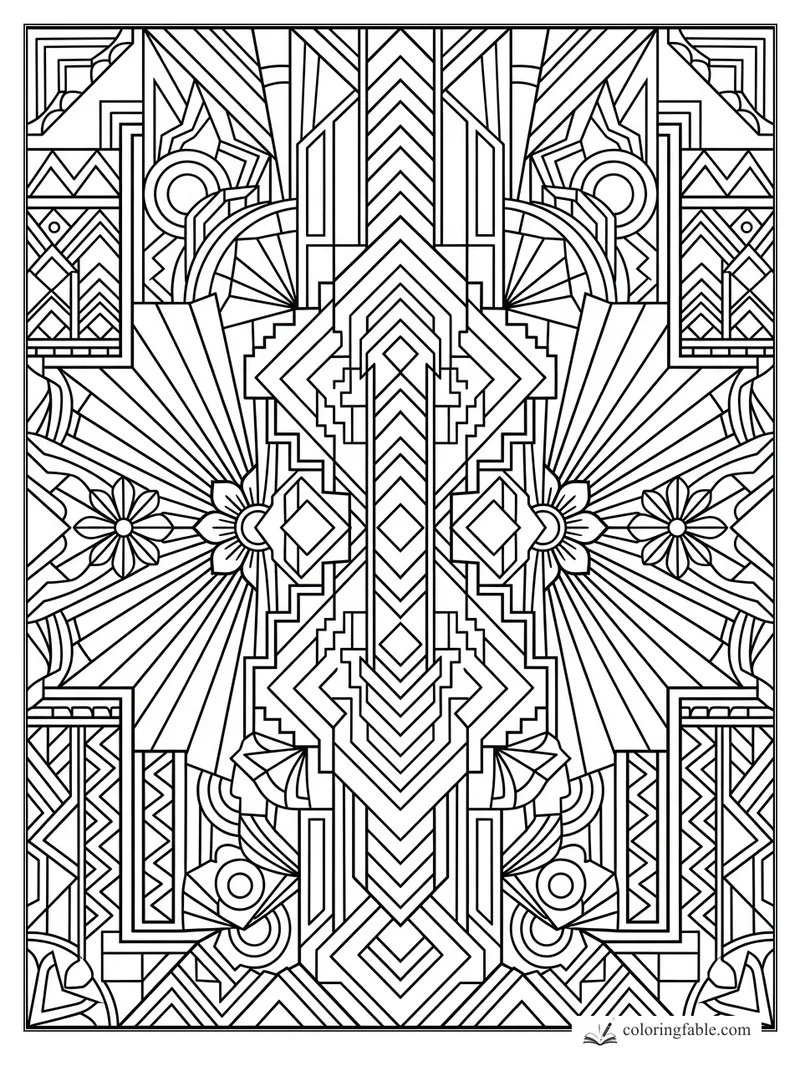 Intricate art deco geometric coloring page with fanbursts, diamonds, flowers, and mirrored linework