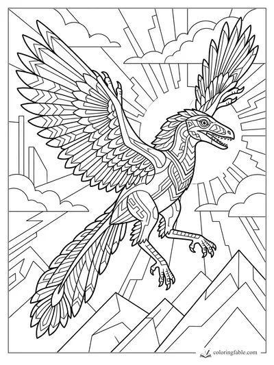 Intricate art deco feathered raptor with spread wings, sunburst, clouds, and angular mountains