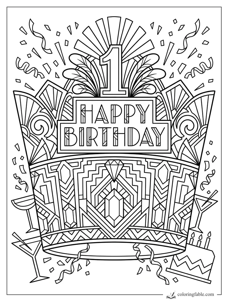 Art deco happy first birthday sign with number 1, fans, confetti, cake, cocktails, and geometric patterns